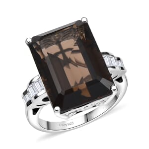 D'Joy Brazilian Smoky Quartz and Moissanite 16.40 ctw Art Deco Ring in Rhodium Over Sterling Silver (Size 10.0)