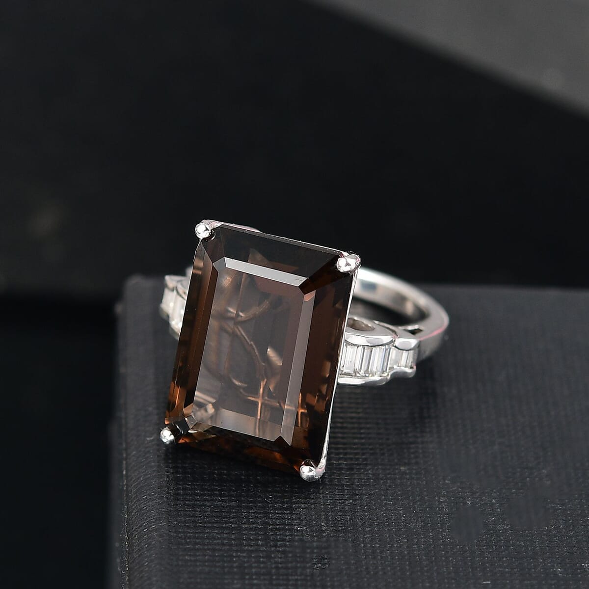 D'Joy Brazilian Smoky Quartz and Moissanite 16.40 ctw Art Deco Ring in Rhodium Over Sterling Silver (Size 10.0) image number 1
