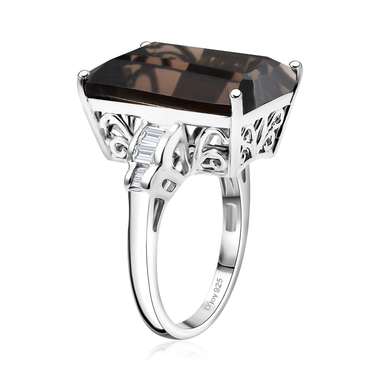 D'Joy Brazilian Smoky Quartz and Moissanite 16.40 ctw Art Deco Ring in Rhodium Over Sterling Silver (Size 10.0) image number 3