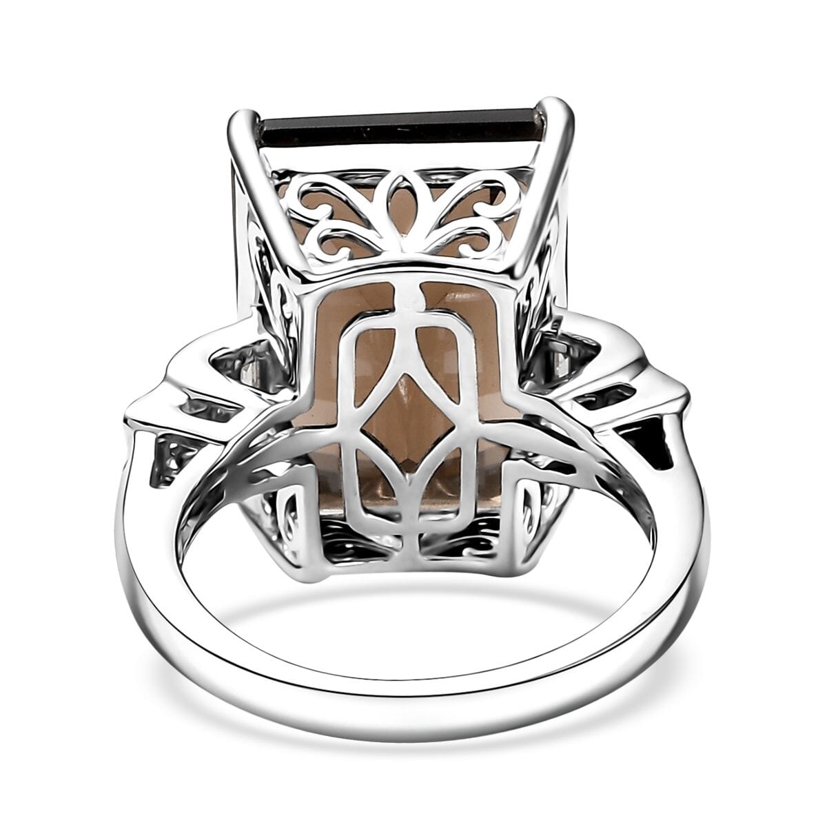 D'Joy Brazilian Smoky Quartz and Moissanite 16.40 ctw Art Deco Ring in Rhodium Over Sterling Silver (Size 10.0) image number 4