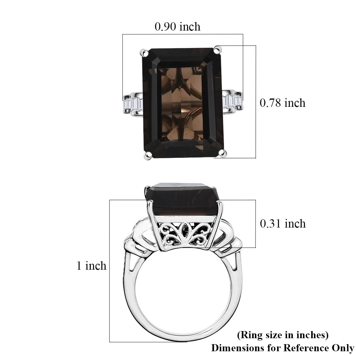 D'Joy Brazilian Smoky Quartz and Moissanite 16.40 ctw Art Deco Ring in Rhodium Over Sterling Silver (Size 10.0) image number 5