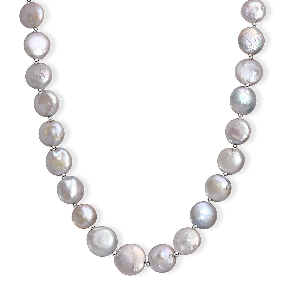 White Freshwater Coin Pearl Necklace in Rhodium Over Sterling Silver 18 Inches image number 0