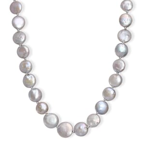 White Freshwater Coin Pearl Necklace in Rhodium Over Sterling Silver 18 Inches