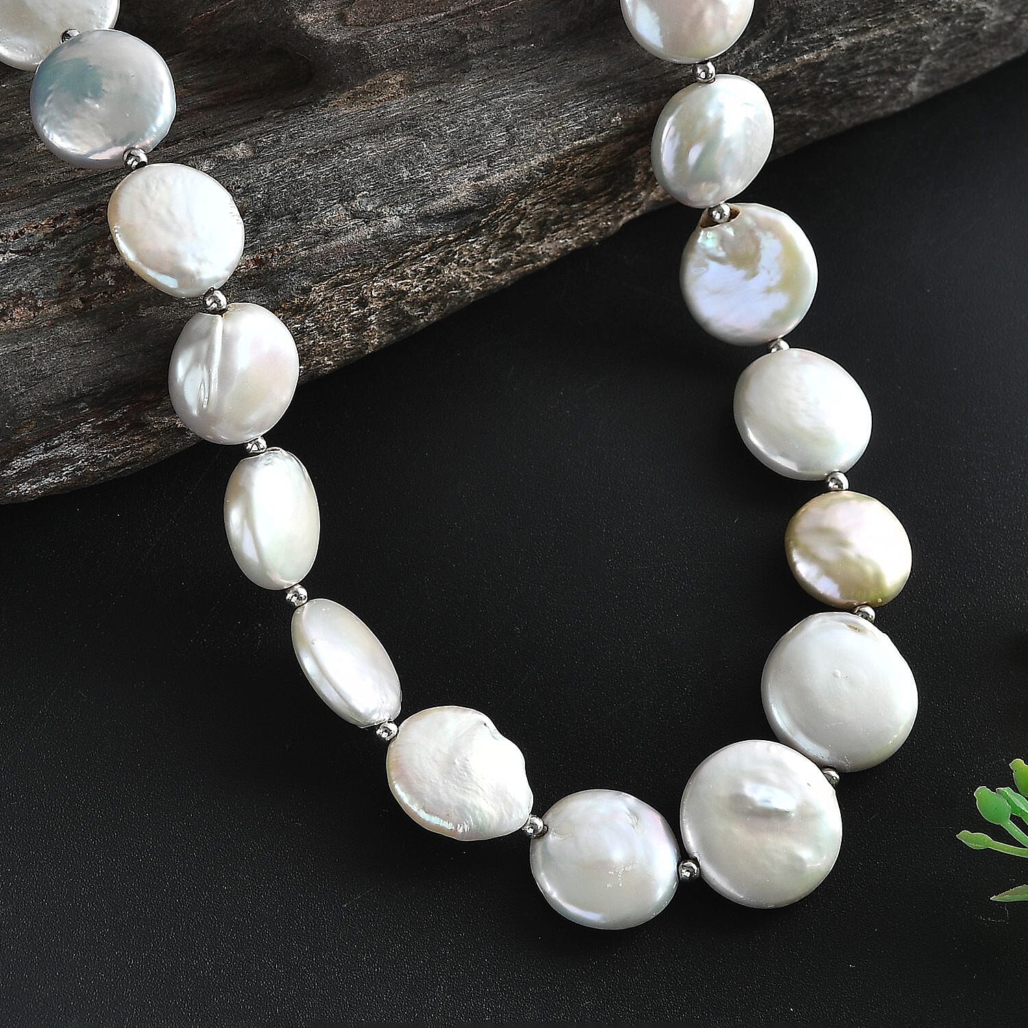 White Freshwater Coin Pearl Necklace in Rhodium Over Sterling Silver 18 Inches