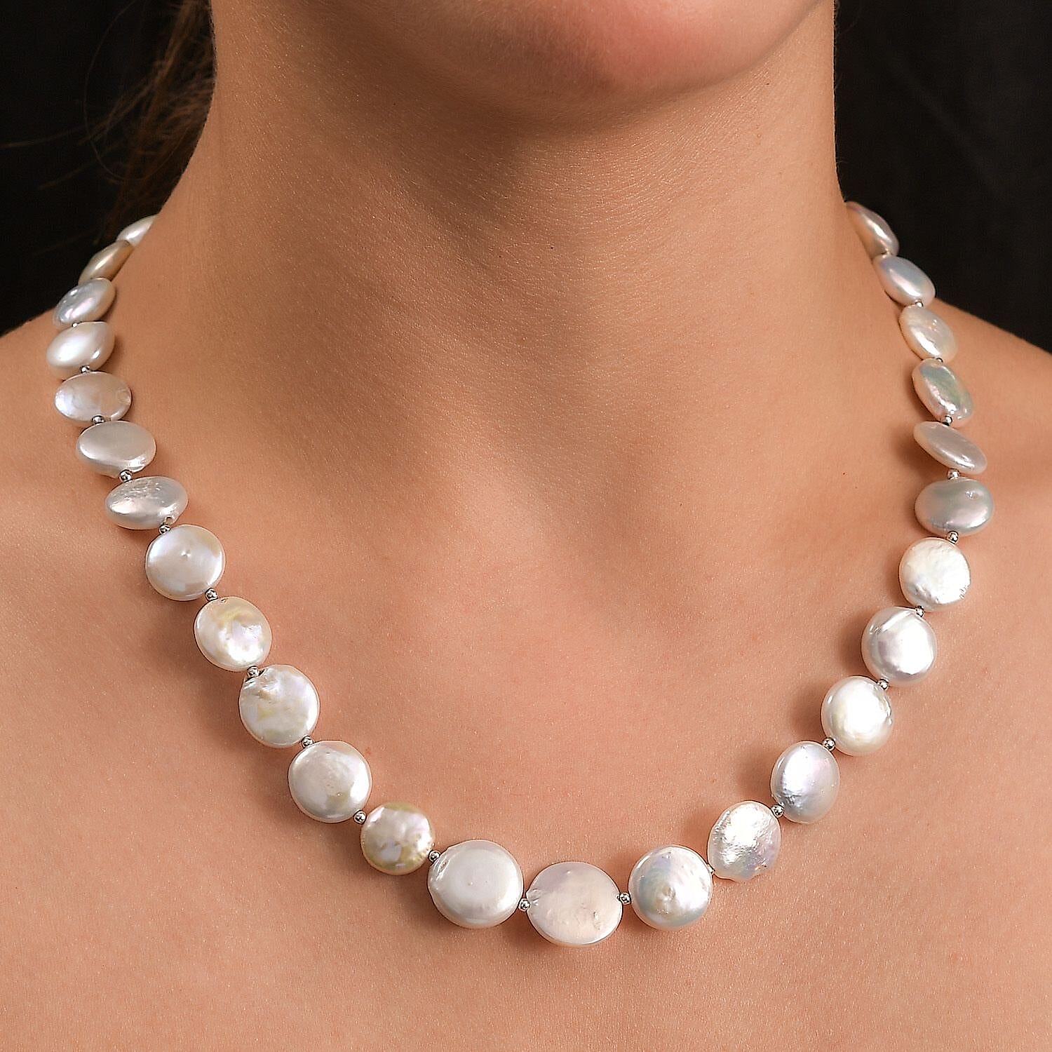 White Freshwater Coin Pearl Necklace in Rhodium Over Sterling Silver 18 Inches