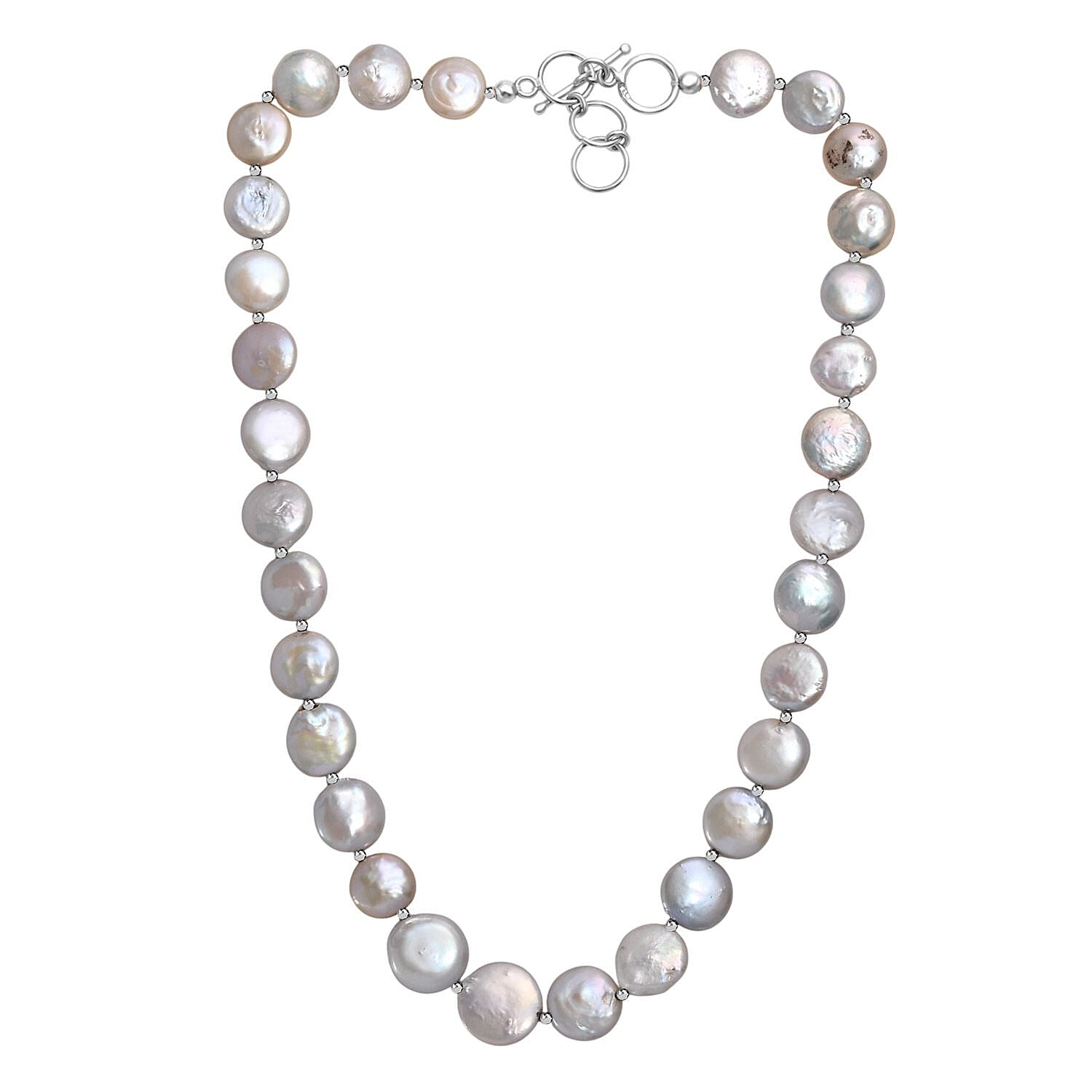 White Freshwater Coin Pearl Necklace in Rhodium Over Sterling Silver 18 Inches