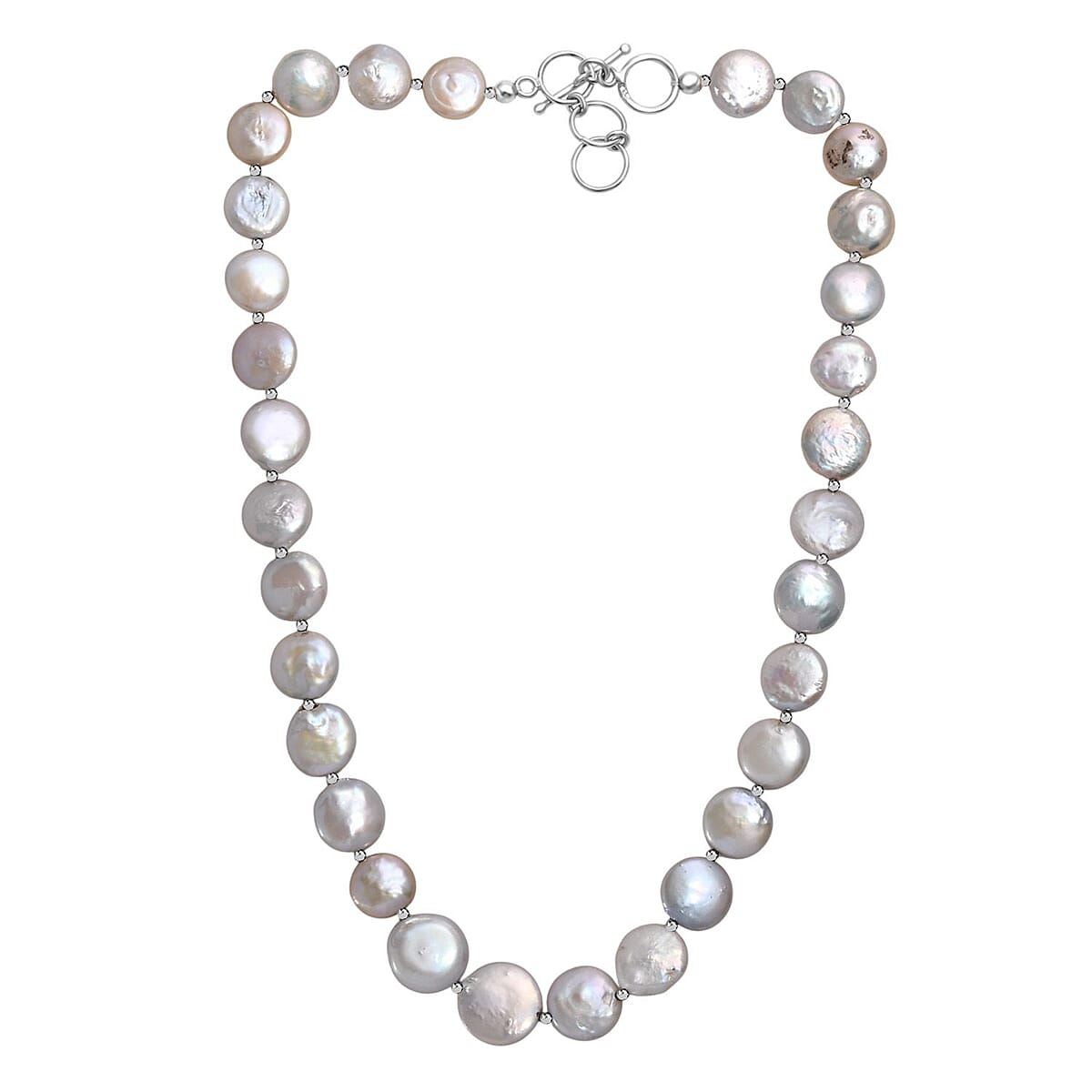 White Freshwater Coin Pearl Necklace in Rhodium Over Sterling Silver 18 Inches image number 3