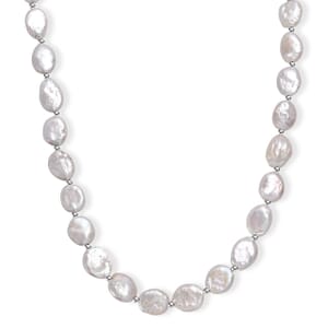 White Freshwater Pearl Oval Shape Necklace in Rhodium Over Sterling Silver 18 Inches