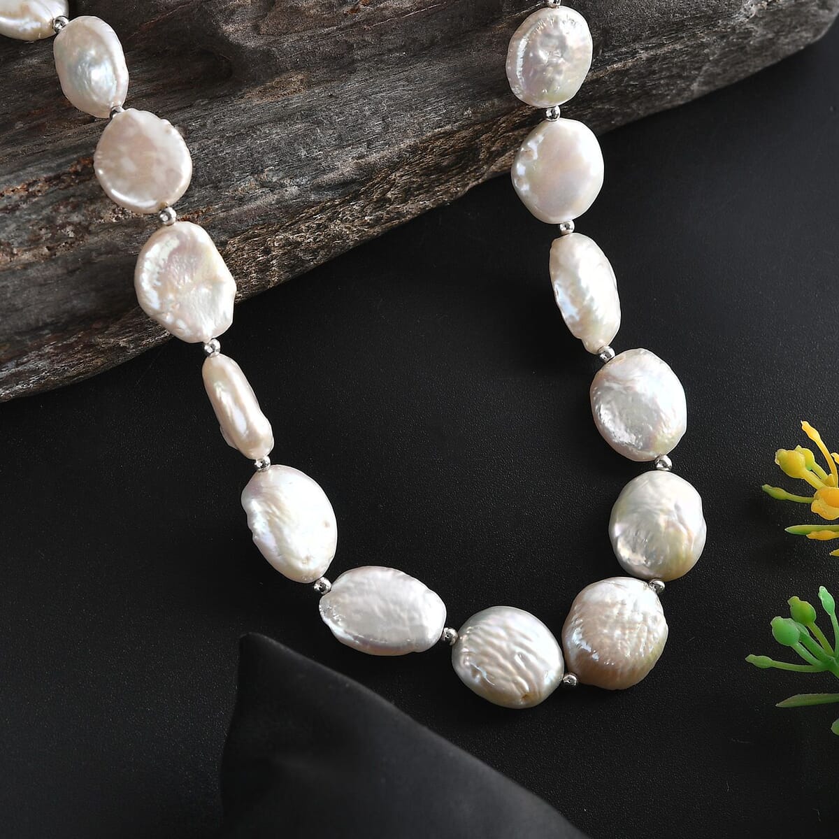 White Freshwater Pearl Oval Shape Necklace in Rhodium Over Sterling Silver 18 Inches image number 1