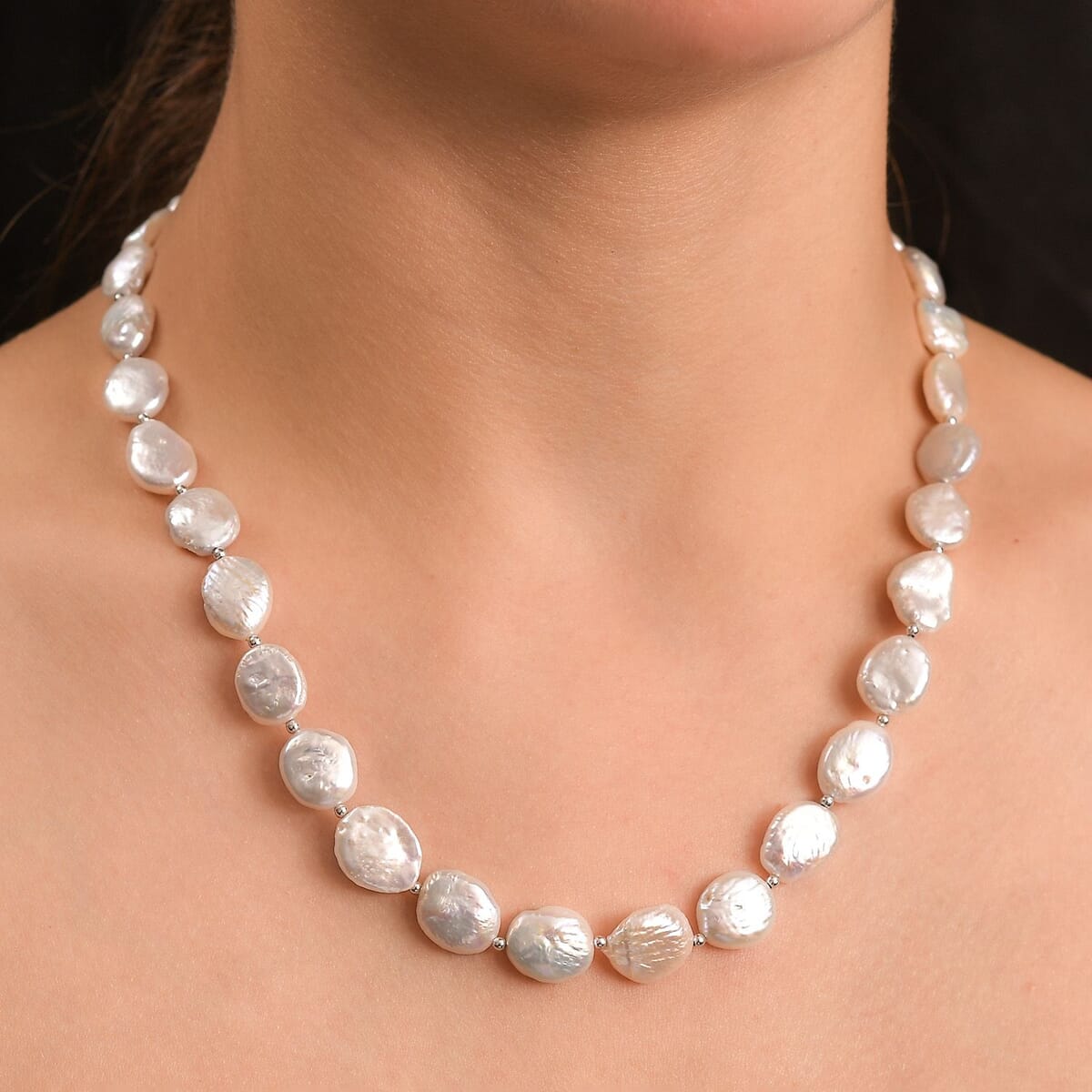 White Freshwater Pearl Oval Shape Necklace in Rhodium Over Sterling Silver 18 Inches image number 2