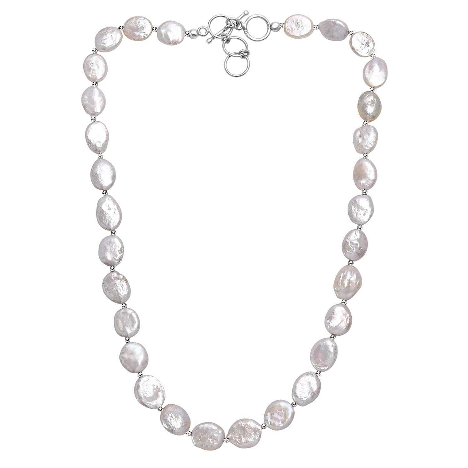 White Freshwater Pearl Oval Shape Necklace in Rhodium Over
