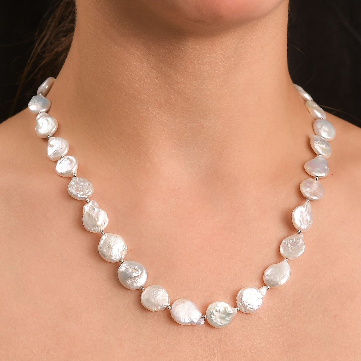 White Freshwater Pearl Fancy Necklace in Rhodium Over Sterling Silver 18 Inches image number 2