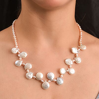 Multi Color Freshwater Pearl Oval and Fancy Shape Necklace in Rhodium Over Sterling Silver 18 Inches