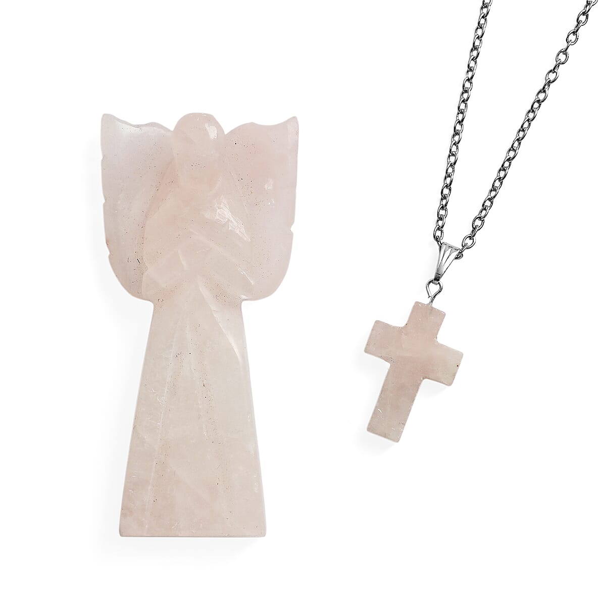 2pc Rose Quartz Gemstone Angel with Matching Cross Pendant Necklace (24-26 Inches) in Silvertone image number 0