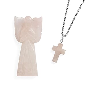 2pc Rose Quartz Gemstone Angel with Matching Cross Pendant Necklace (24-26 Inches) in Silvertone