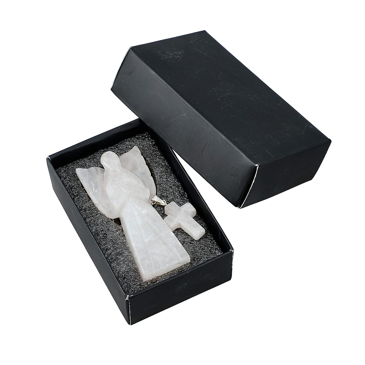 2pc Rose Quartz Gemstone Angel with Matching Cross Pendant Necklace (24-26 Inches) in Silvertone image number 1