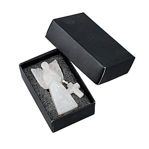 Ankur's Treasure Chest Deal 2pc Rose Quartz Gemstone Angel with Matching Cross Pendant Necklace (24-26 Inches) in Silvertone