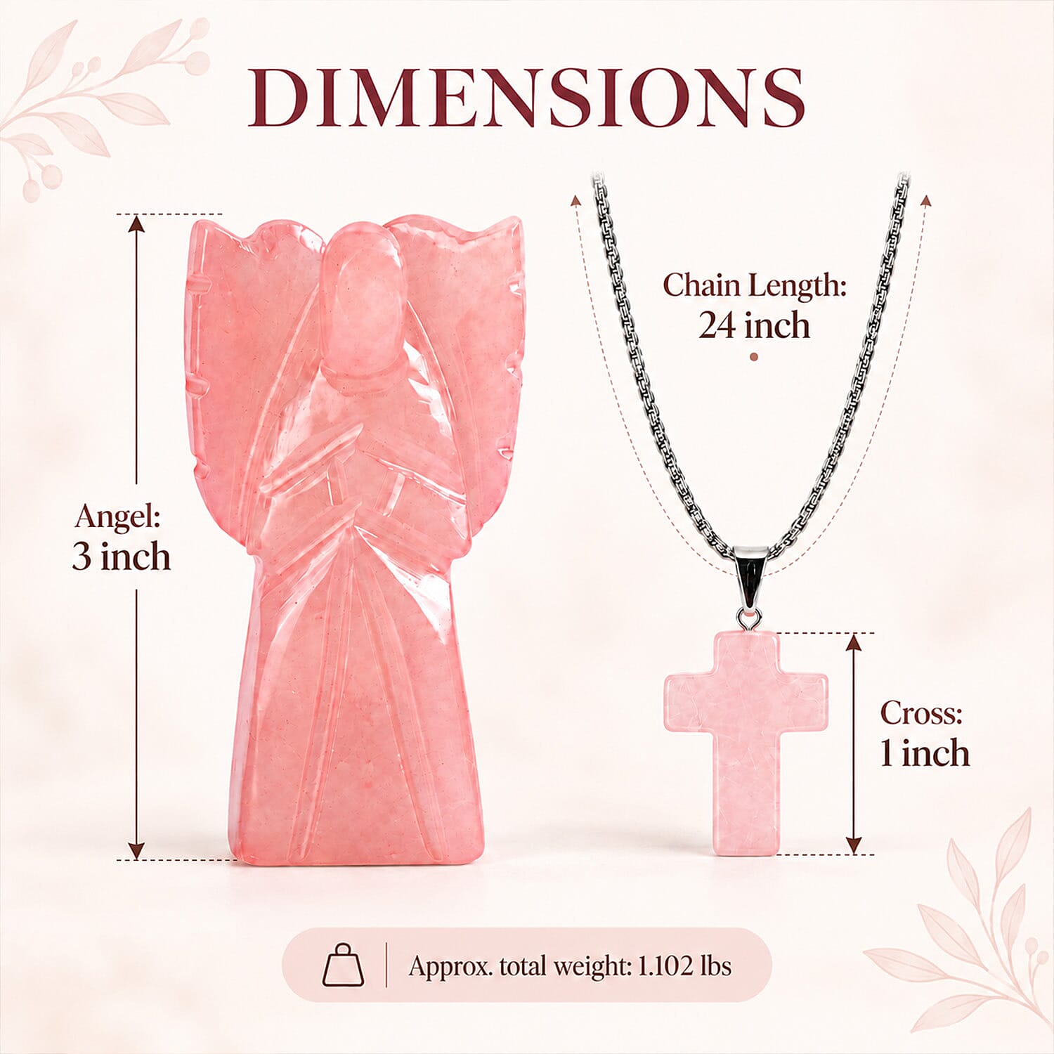 Ankur's Treasure Chest Deal 2pc Rose Quartz Gemstone Angel with Matching Cross Pendant Necklace (24-26 Inches) in Silvertone