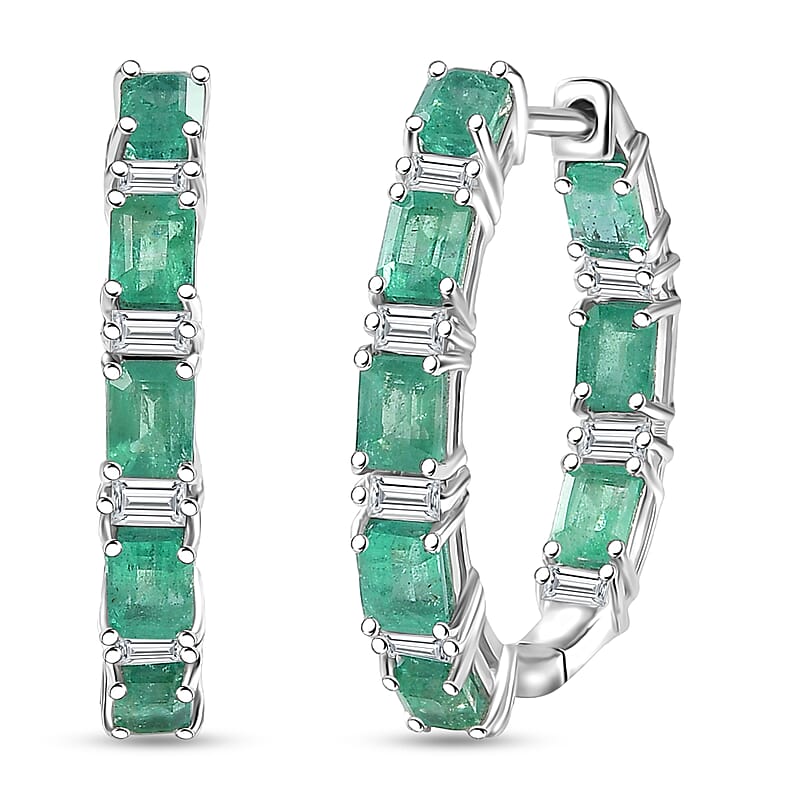 D'Joy Premium Kagem Zambian Emerald and Moissanite 4.00 ctw Earrings in Rhodium Over Sterling Silver