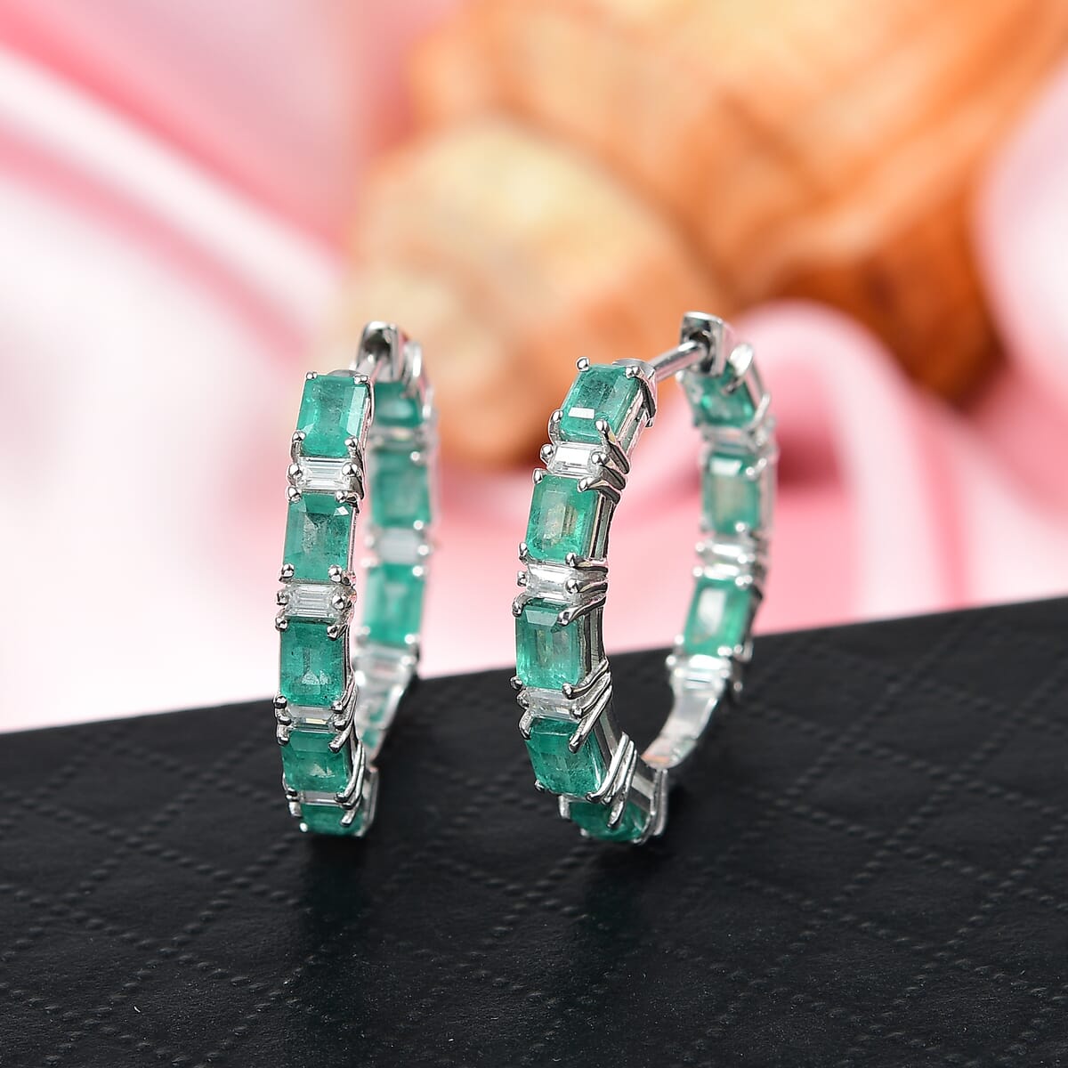 D'Joy Premium Kagem Zambian Emerald and Moissanite 4.00 ctw Earrings in Rhodium Over Sterling Silver image number 1