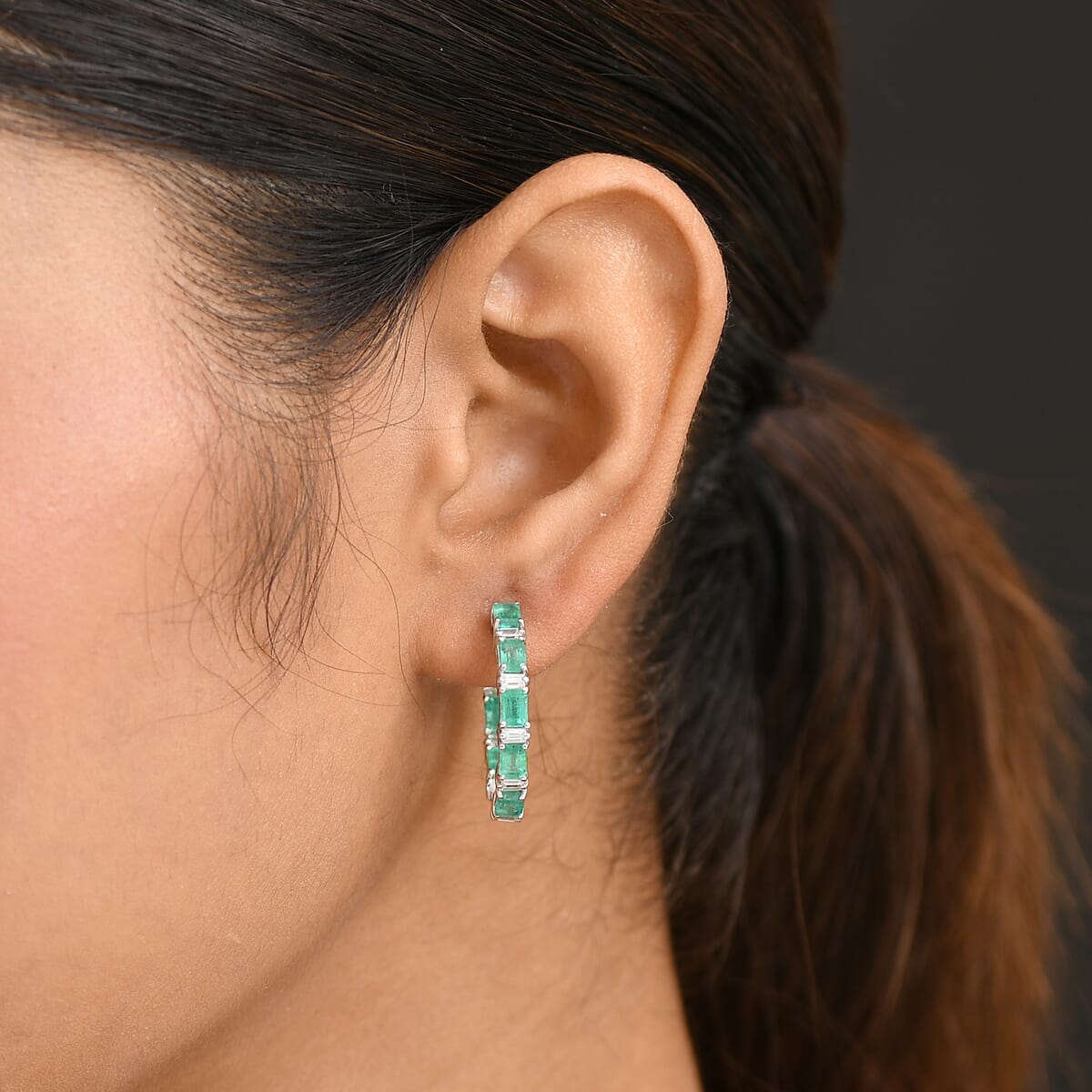 D'Joy Premium Kagem Zambian Emerald and Moissanite 4.00 ctw Earrings in Rhodium Over Sterling Silver image number 2