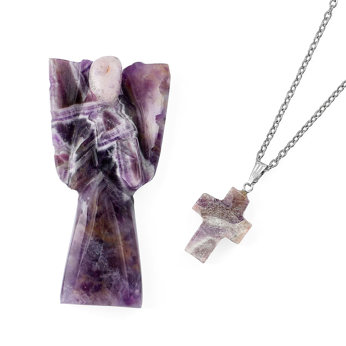 2pc Amythyst Gemstone Angel with Matching Cross Pendant Necklace (24-26 Inches) in Silvertone image number 0