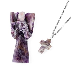 2pc Amythyst Gemstone Angel with Matching Cross Pendant Necklace (24-26 Inches) in Silvertone