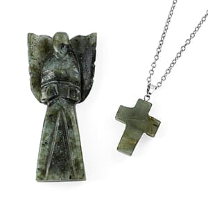 2pc Labradorite Gemstone Angel with Matching Cross Pendant Necklace (24-26 Inches) in Silvertone