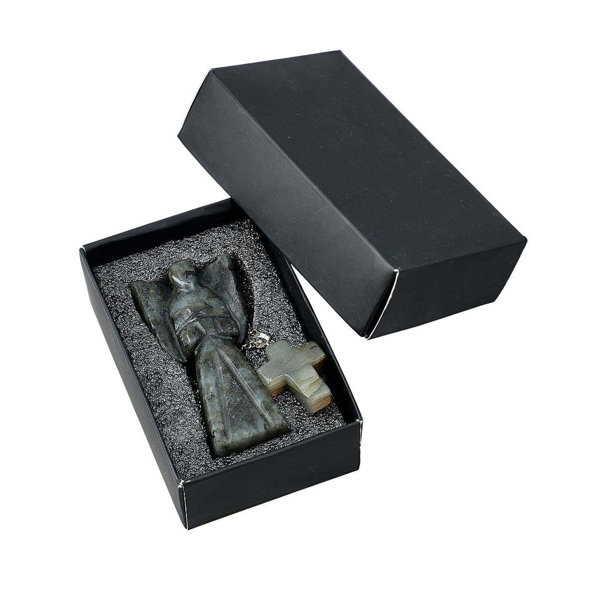2pc Labradorite Gemstone Angel with Matching Cross Pendant Necklace (24-26 Inches) in Silvertone image number 1
