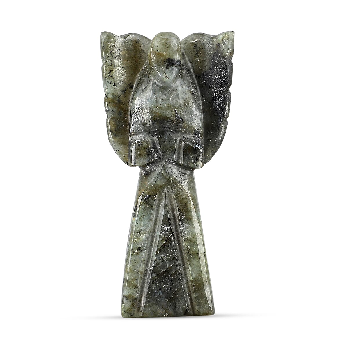 2pc Labradorite Gemstone Angel with Matching Cross Pendant Necklace (24-26 Inches) in Silvertone image number 2