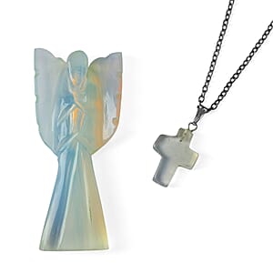 2pc Opalite Gemstone Angel with Matching Cross Pendant Necklace (24-26 Inches) in Silvertone