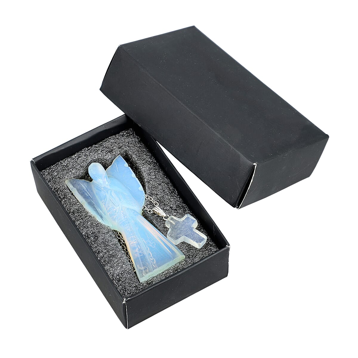 2pc Opalite Gemstone Angel with Matching Cross Pendant Necklace (24-26 Inches) in Silvertone image number 1