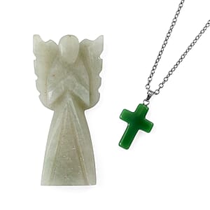 2pc Green Aventurine Gemstone Angel with Matching Cross Pendant Necklace (24-26 Inches) in Silvertone