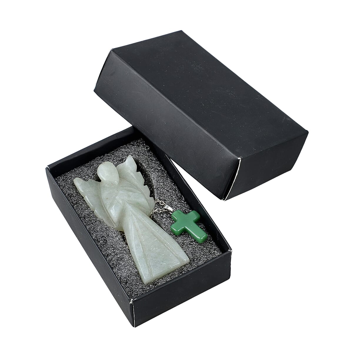 2pc Green Aventurine Gemstone Angel with Matching Cross Pendant Necklace (24-26 Inches) in Silvertone image number 1