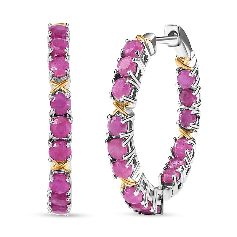 Ruby 3.30 ctw Hoop Earrings 18K YG Plated and Platinum Bond