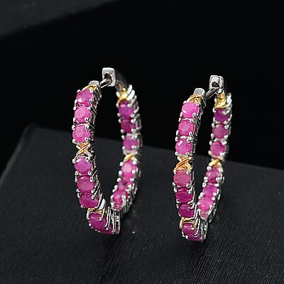 Ruby 3.30 ctw Hoop Earrings 18K YG Plated and Platinum Bond
