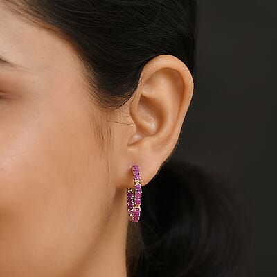 Ruby 3.30 ctw Hoop Earrings 18K YG Plated and Platinum Bond