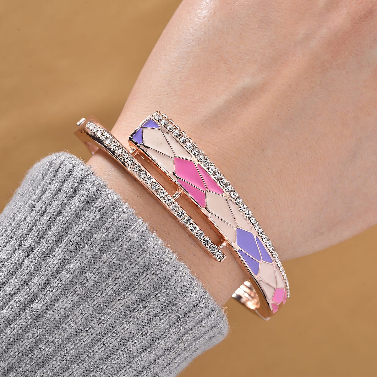 Austrian Crystal Enameled Bangle Bracelet in Rosetone (7.50 In) image number 1