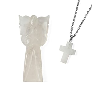 2pc Clear Quartz Gemstone Angel with Matching Cross Pendant Necklace (24-26 Inches) in Silvertone