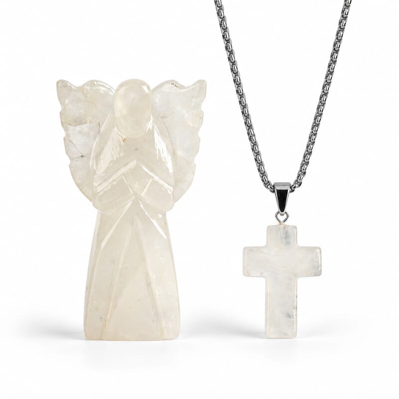 2pc Clear Quartz Gemstone Angel with Matching Cross Pendant Necklace (24-26 Inches) in Silvertone