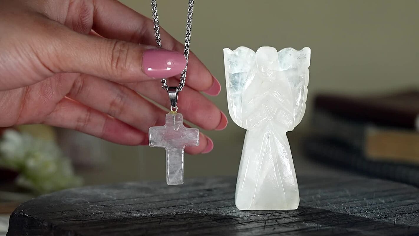 2pc Rose Quartz Gemstone Angel with Matching Cross Pendant Necklace (24-26 Inches) in Silvertone