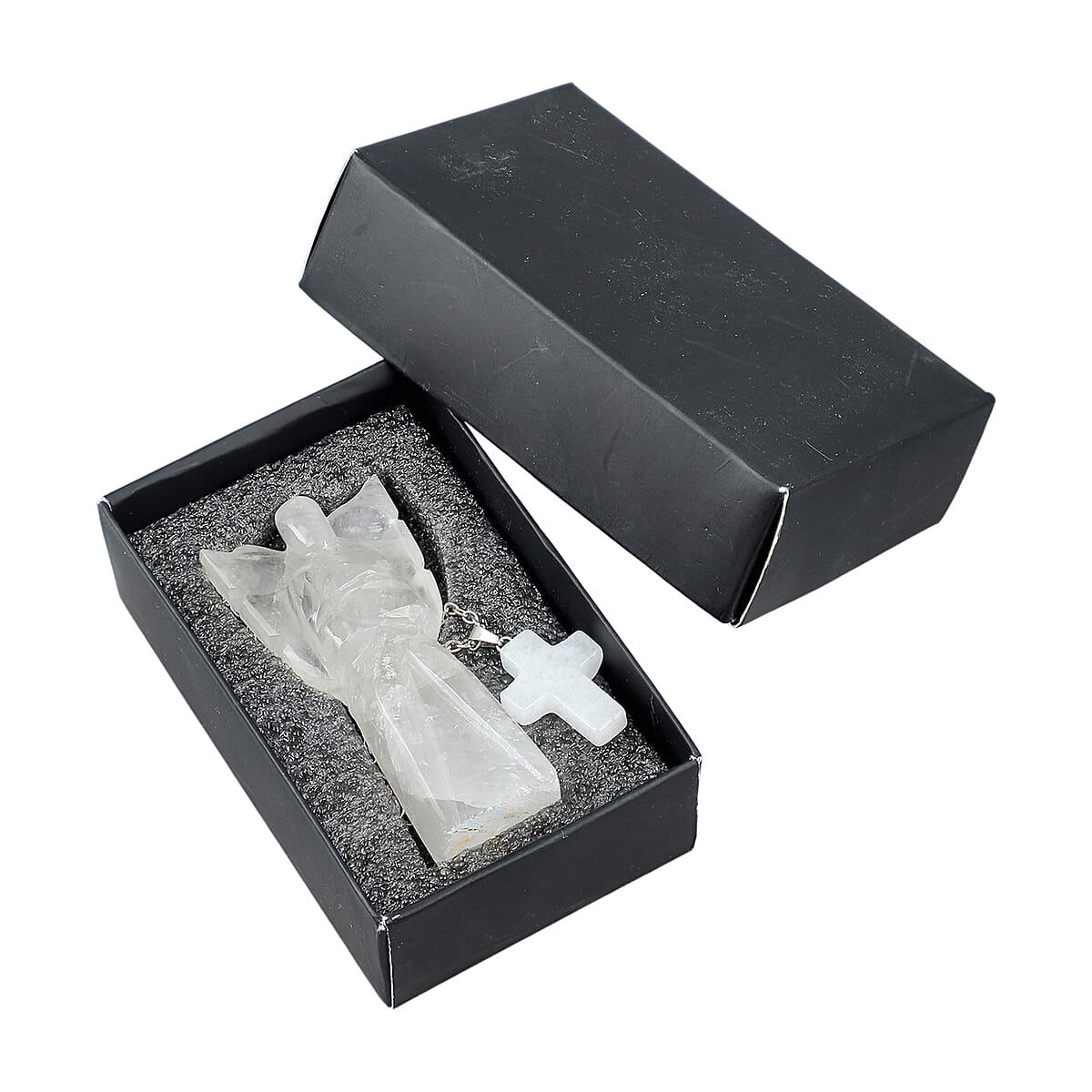2pc Clear Quartz Gemstone Angel with Matching Cross Pendant Necklace (24-26 Inches) in Silvertone image number 1