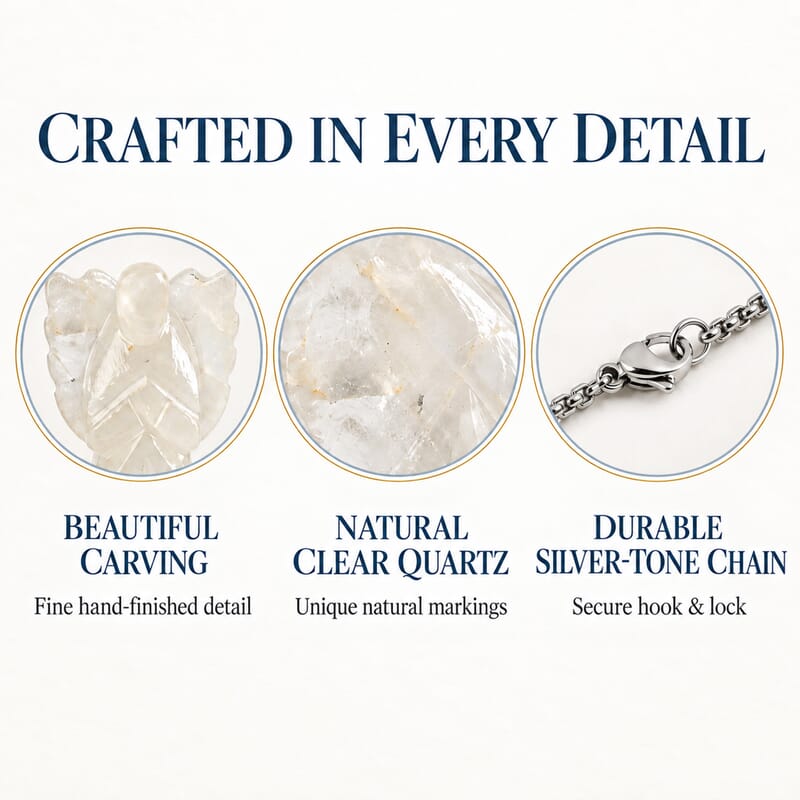 2pc Clear Quartz Gemstone Angel with Matching Cross Pendant Necklace (24-26 Inches) in Silvertone