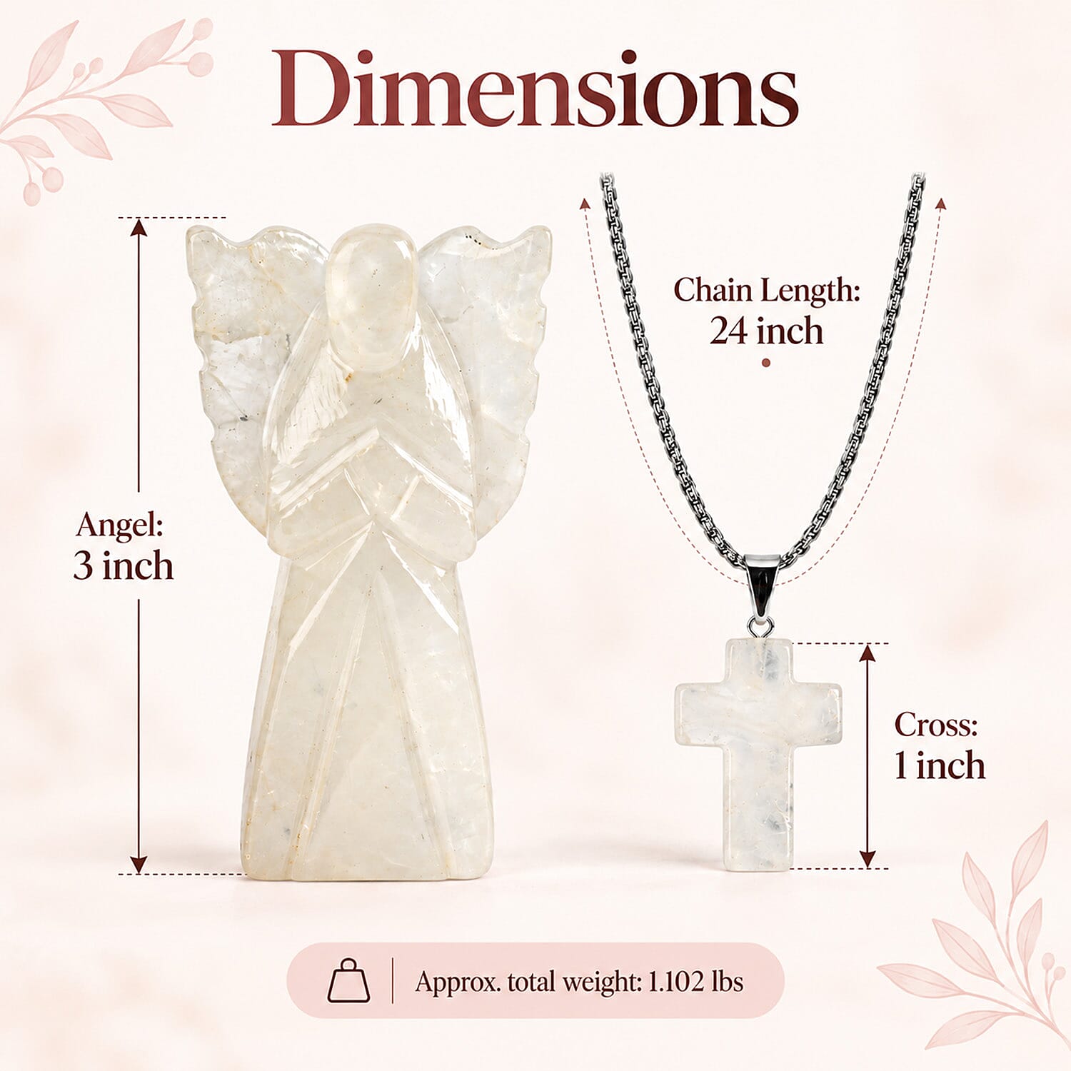 2pc Clear Quartz Gemstone Angel with Matching Cross Pendant Necklace (24-26 Inches) in Silvertone