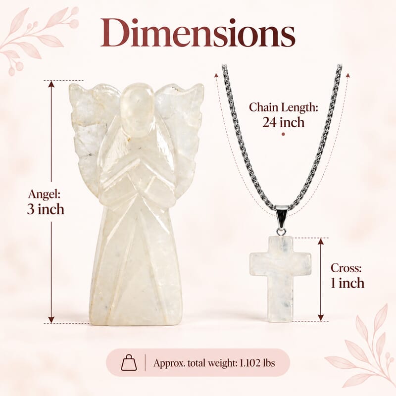 2pc Clear Quartz Gemstone Angel with Matching Cross Pendant Necklace (24-26 Inches) in Silvertone