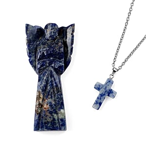 2pc Sodalite Gemstone Angel with Matching Cross Pendant Necklace (24-26 Inches) in Silvertone