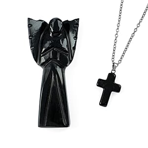 2pc Black Obsidian Gemstone Angel with Matching Cross Pendant Necklace (24-26 Inches) in Silvertone