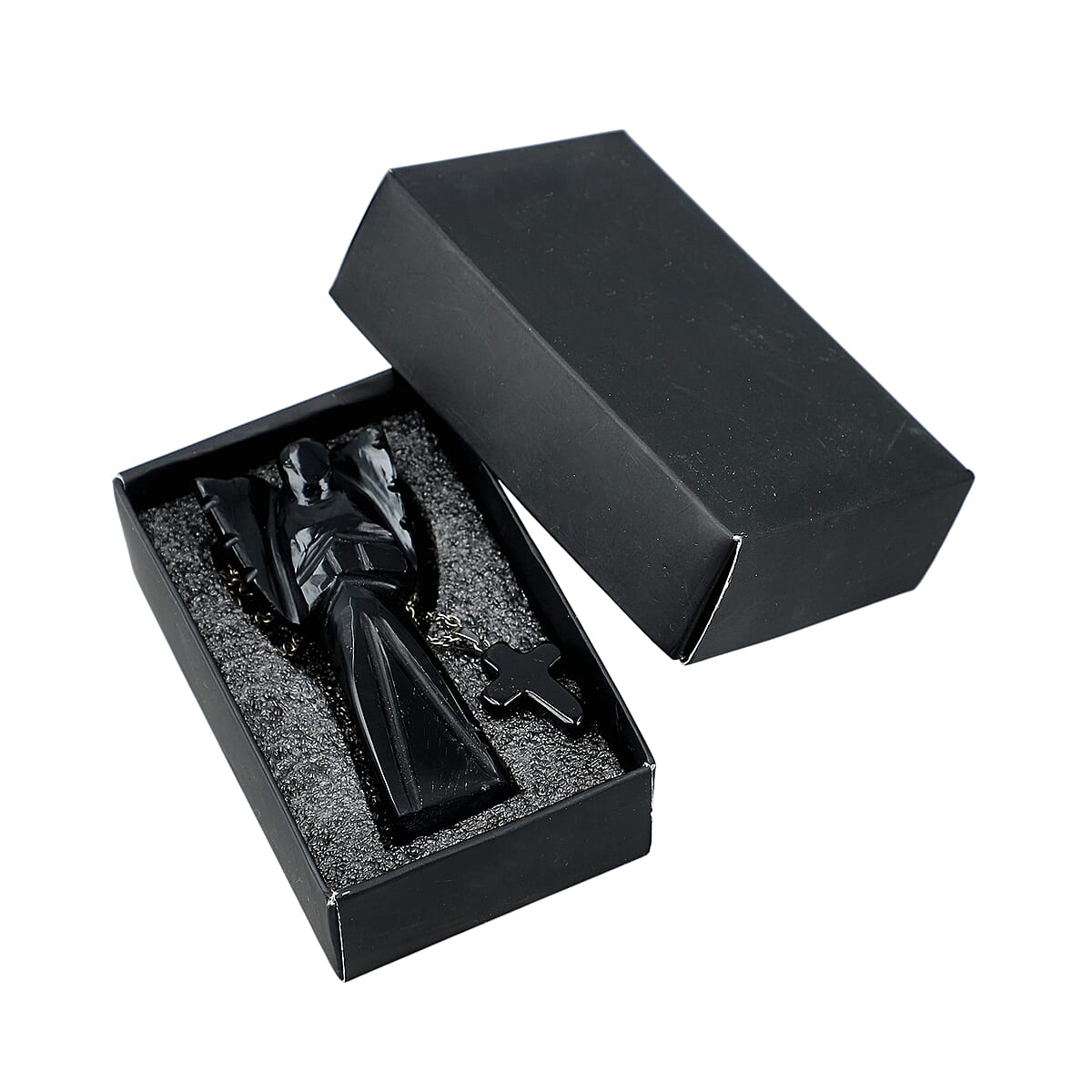 2pc Black Obsidian Gemstone Angel with Matching Cross Pendant Necklace (24-26 Inches) in Silvertone image number 1