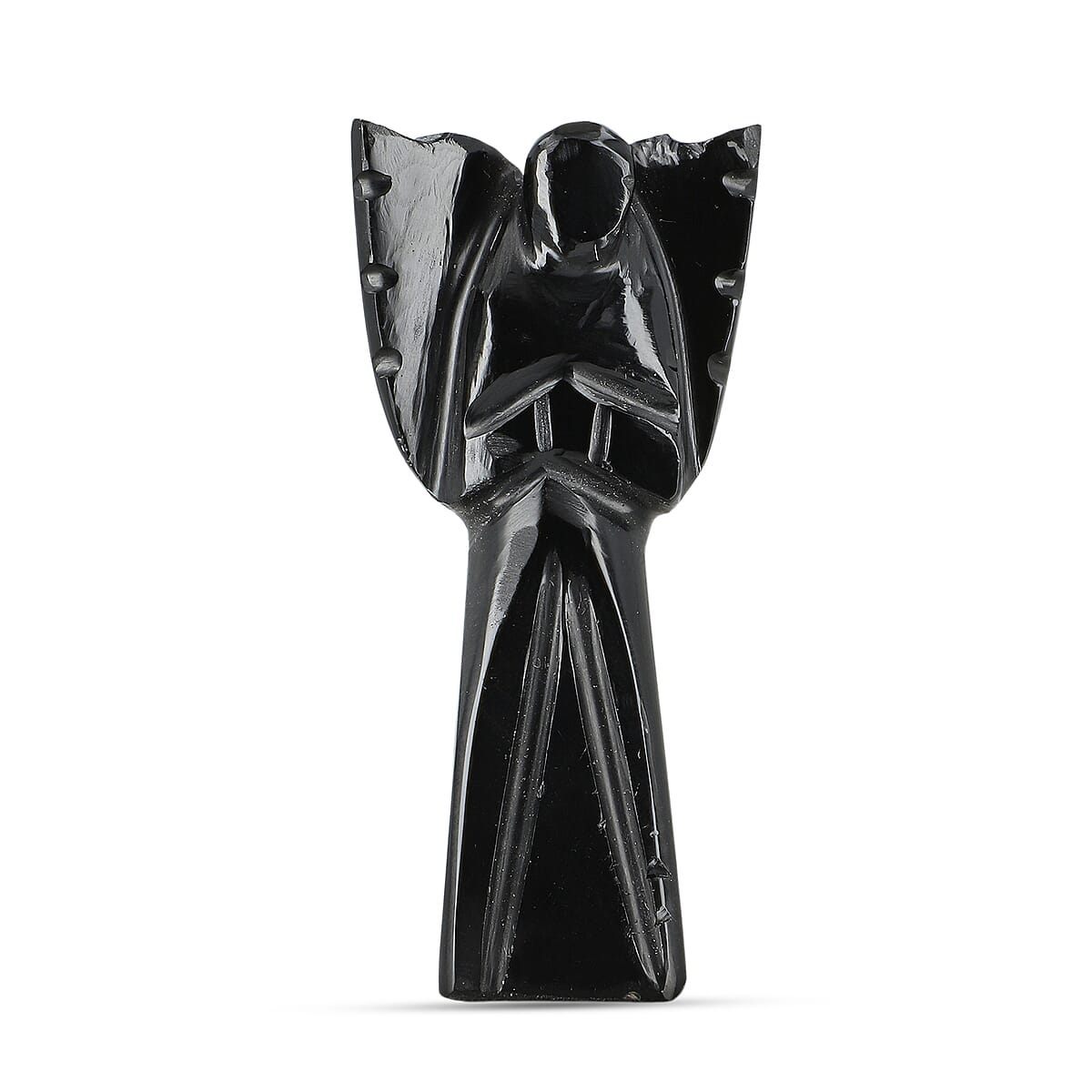 2pc Black Obsidian Gemstone Angel with Matching Cross Pendant Necklace (24-26 Inches) in Silvertone image number 2