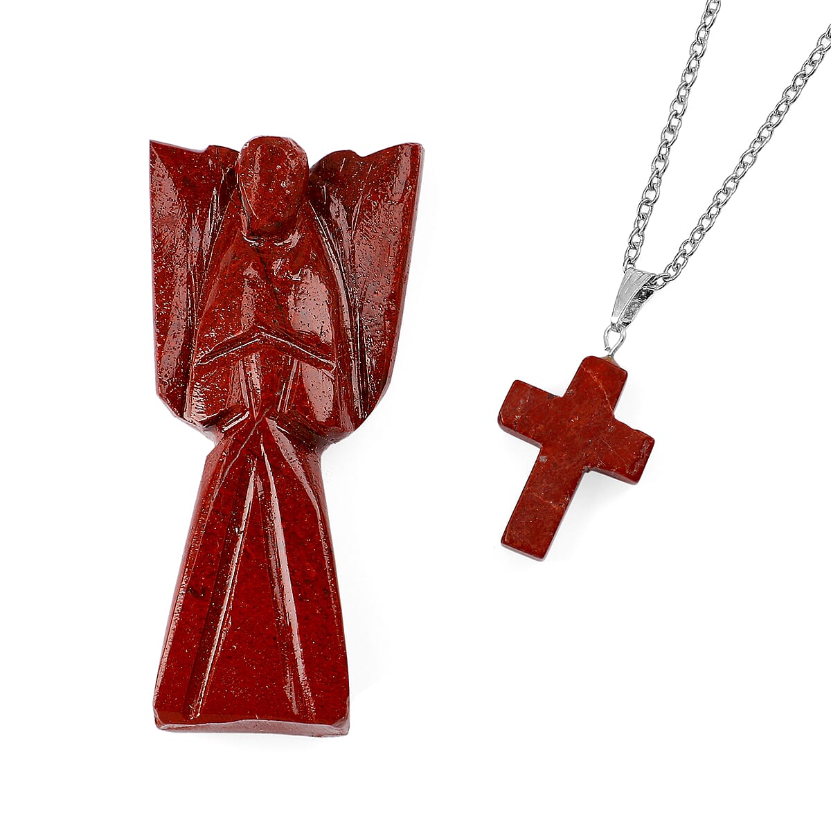 2pc Red Jasper Gemstone Angel with Matching Cross Pendant Necklace (24-26 Inches) in Silvertone image number 0